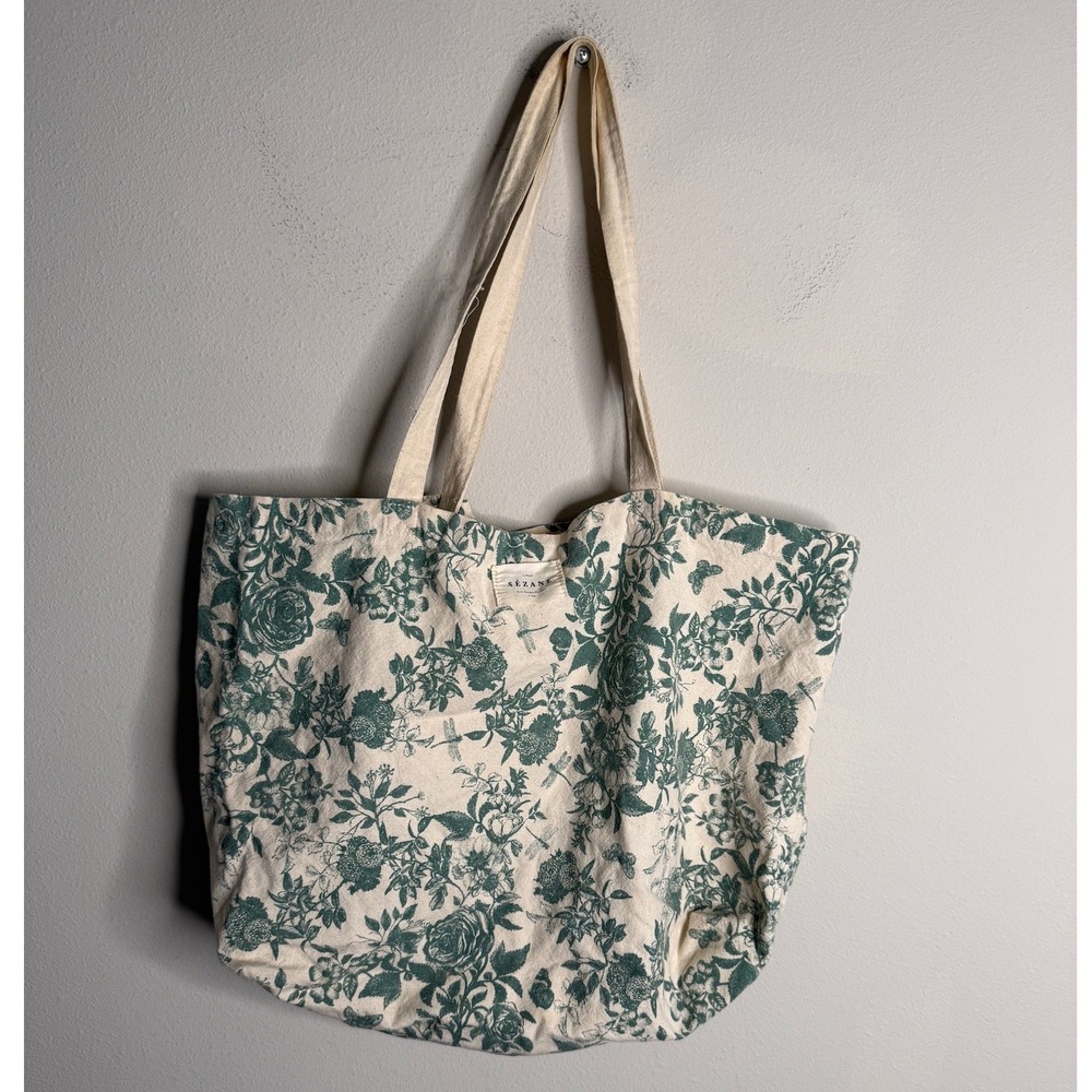 Sezane Women's Green White Floral Print Canvas Tote Bag Reusable Shopping Chic - Picture 3 of 7